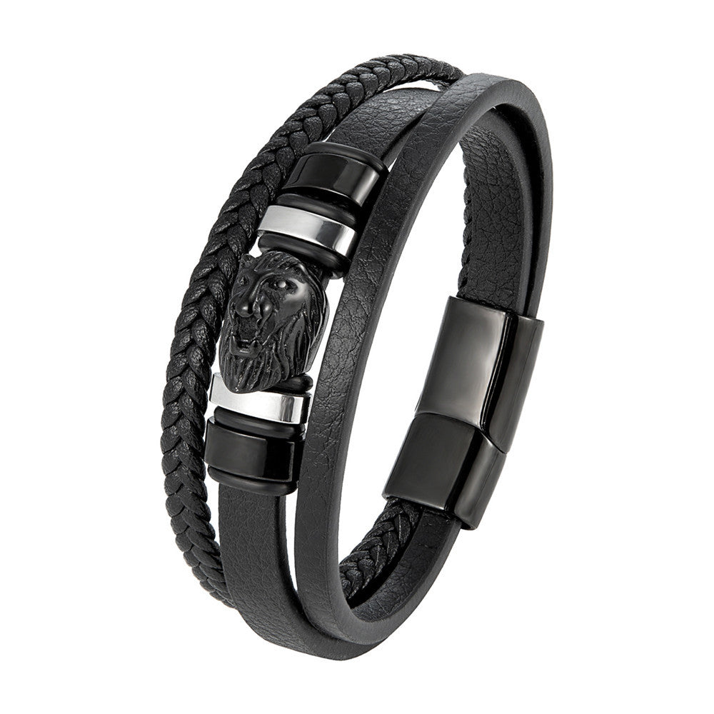 Lion Head Leather Bracelet – Braided Cowhide & Steel