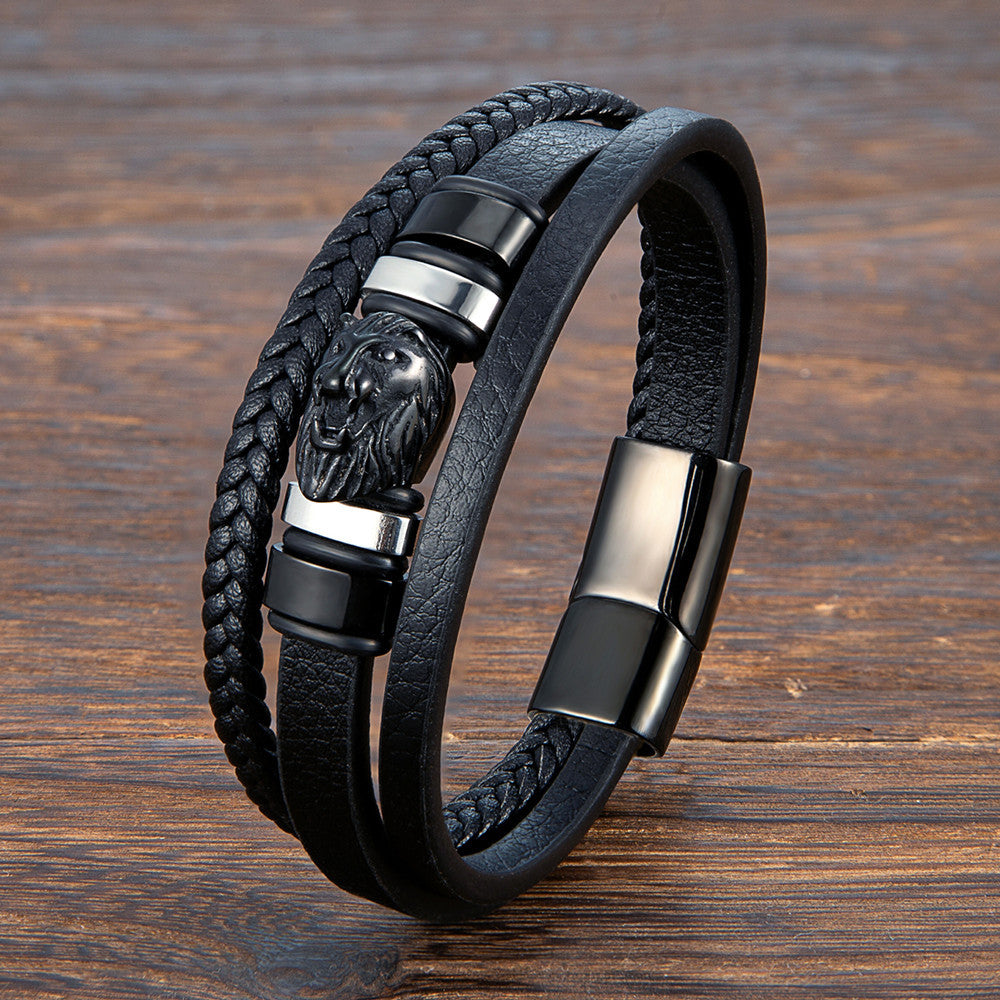 Lion Head Leather Bracelet – Braided Cowhide & Steel