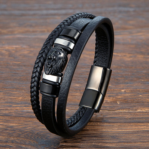 Lion Head Leather Bracelet – Braided Cowhide & Steel