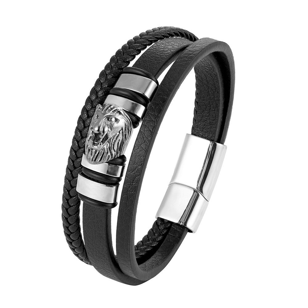 Lion Head Leather Bracelet – Braided Cowhide & Steel