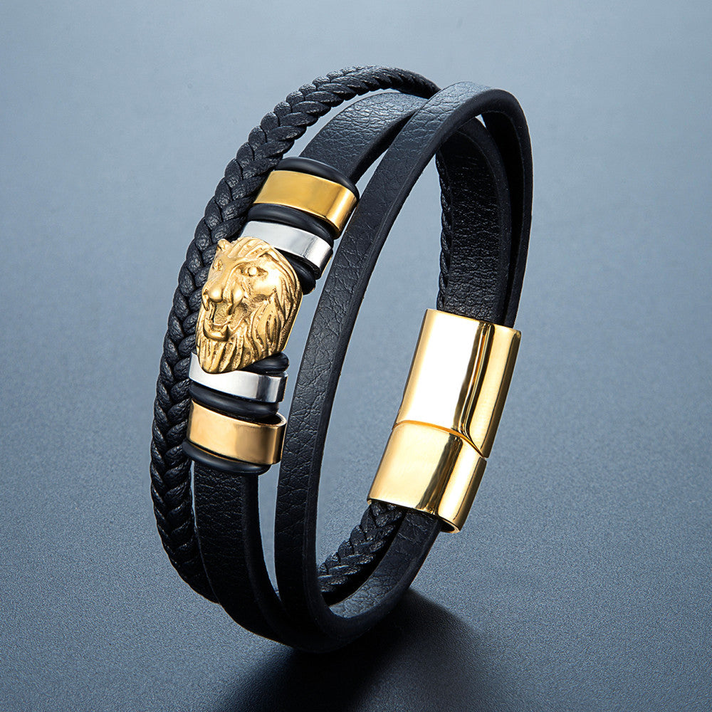 Lion Head Leather Bracelet – Braided Cowhide & Steel