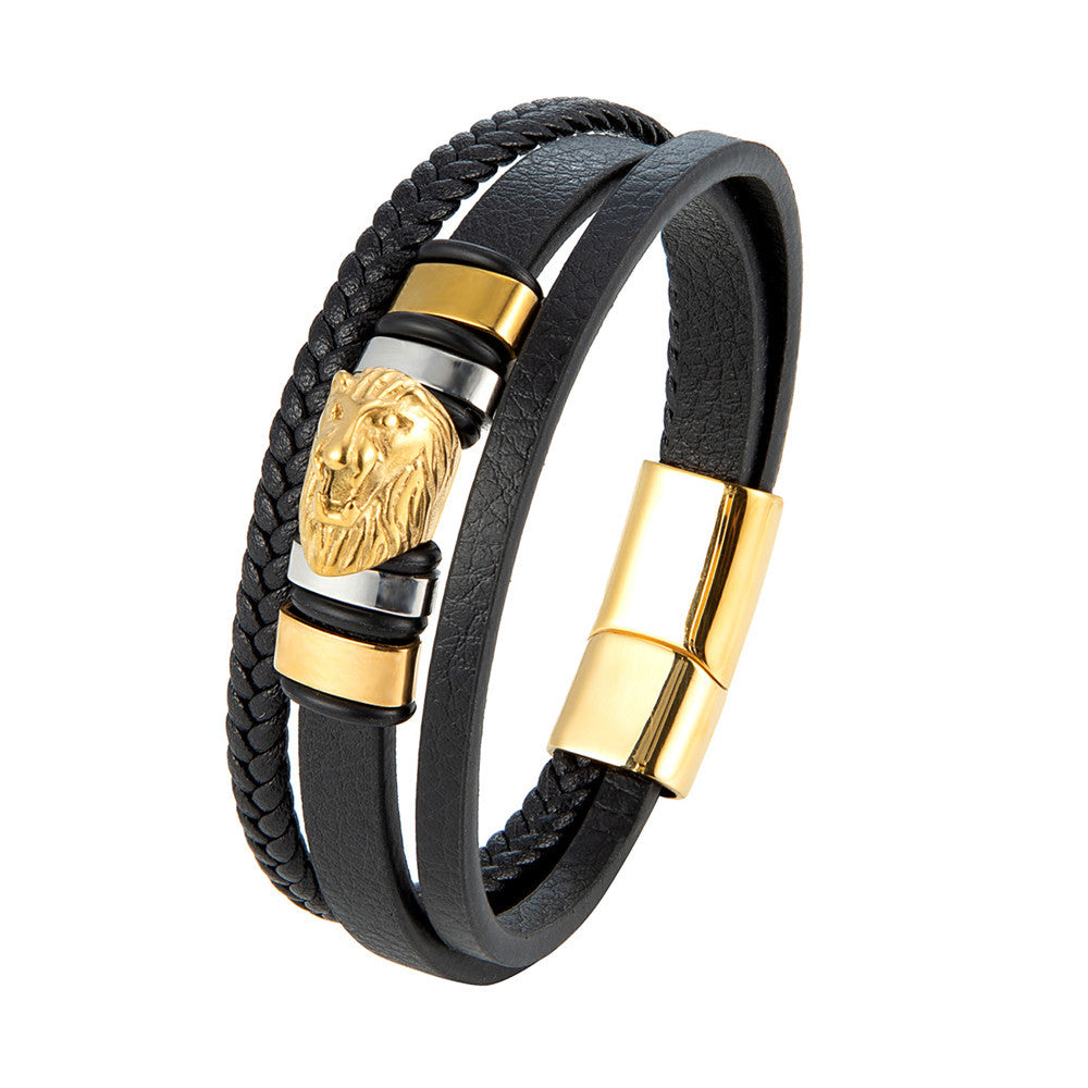 Lion Head Leather Bracelet – Braided Cowhide & Steel